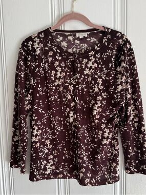 Garnet Hill Burgundy Floral Long-Sleeve Cardigan 100% merino wool